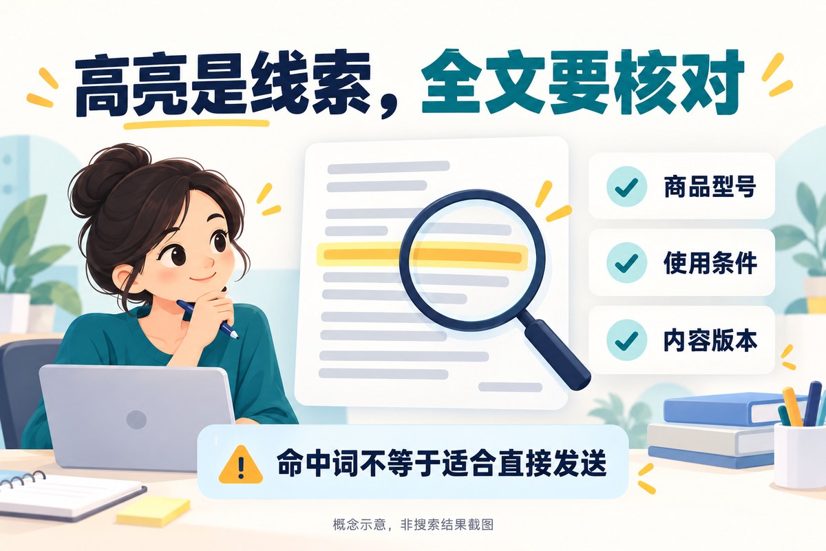 关键词高亮帮助定位文字，但仍需核对型号和适用条件的概念示意