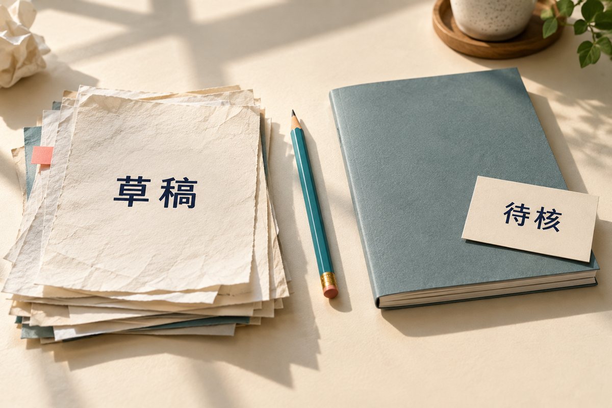 草稿卡片与标为待核的说明册分开放置