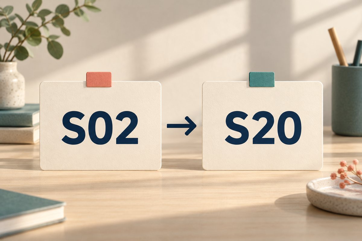 两张型号卡片由S02指向S20，表示本次型号更正