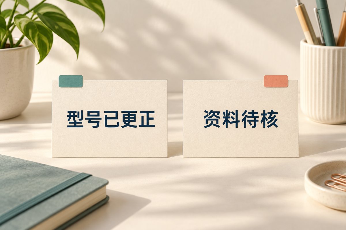 型号已更正与资料待核两张状态卡片并列