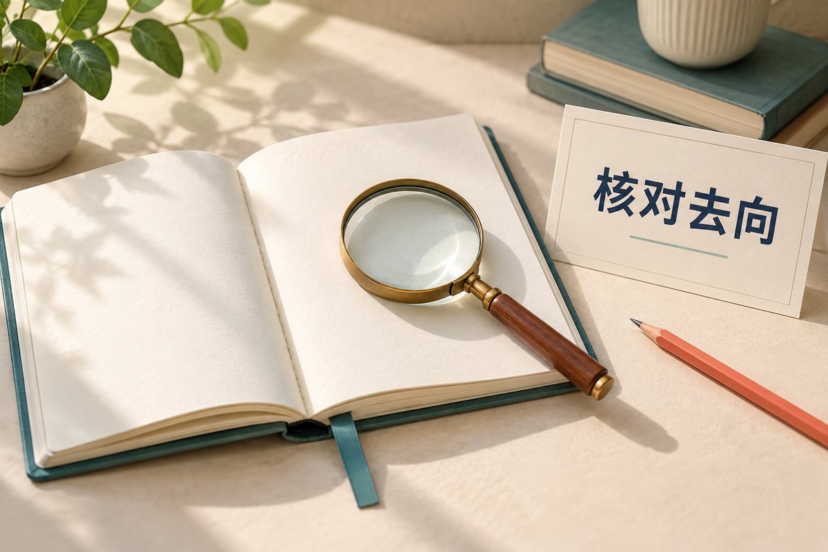 放大镜旁的核对去向卡片与打开的说明册