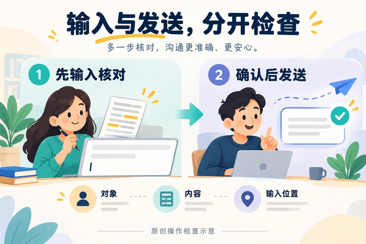 先输入到聊天框核对与确认后发送两个阶段的区别示意