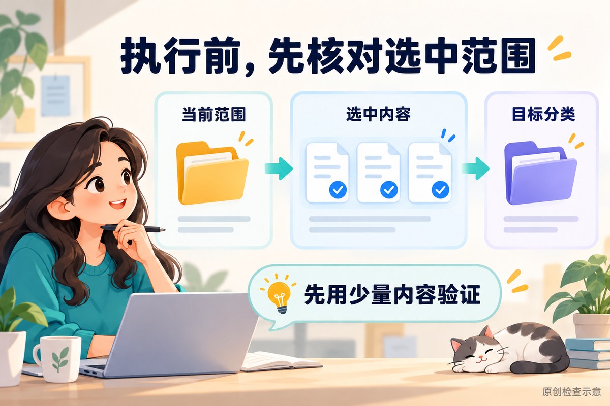 批量移动前核对选中范围与目标分类的检查示意