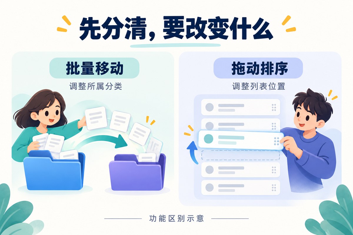 批量移动用于调整分类、拖动排序用于调整列表位置的概念比较