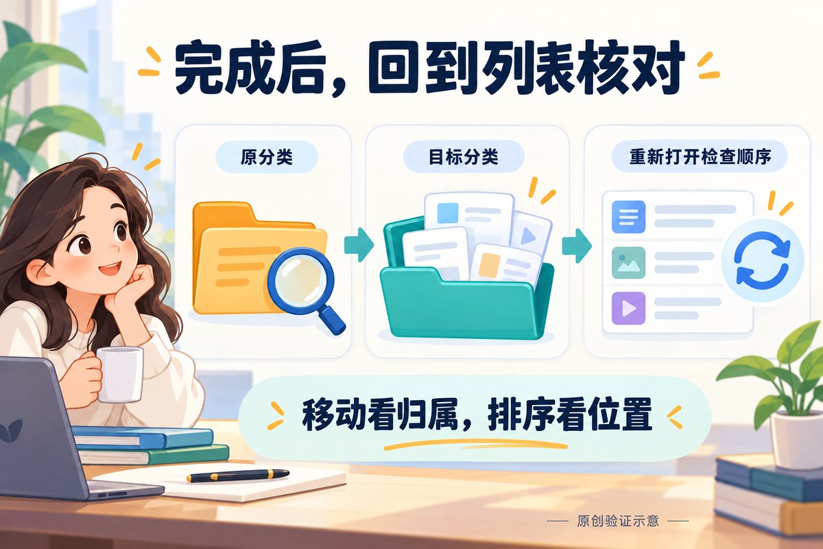 整理后从原分类、目标分类和重新打开后的顺序核对结果的示意